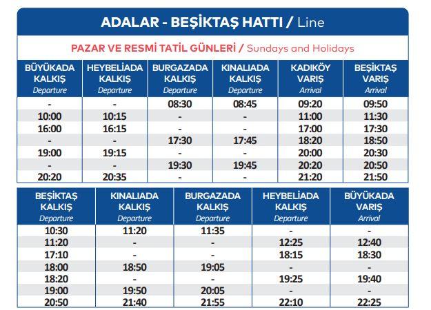 Adalar Beşiktaş hattı pazar günleri ve tatil günleri çizelgesi