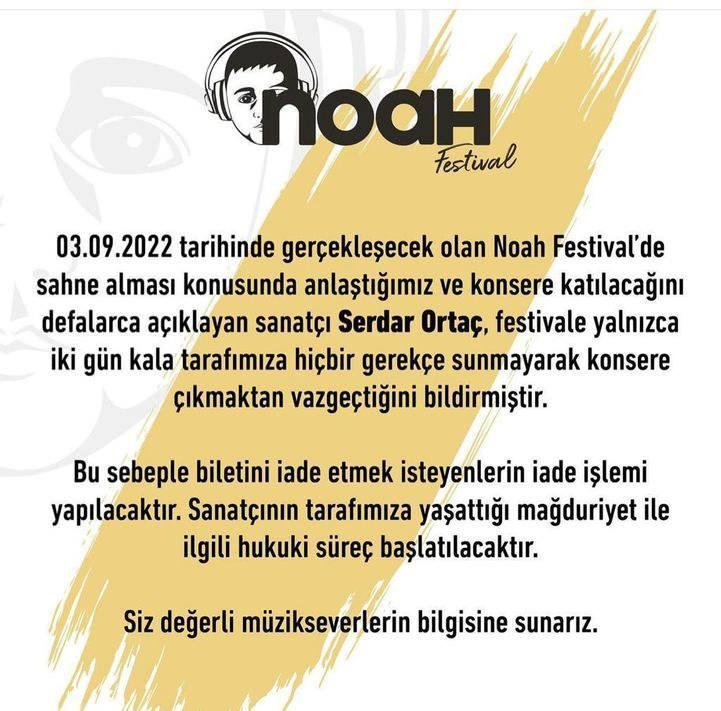 Noah Festival ise sosyal medya hesabından hukuki işlemlerin başlayacağını bildirdi