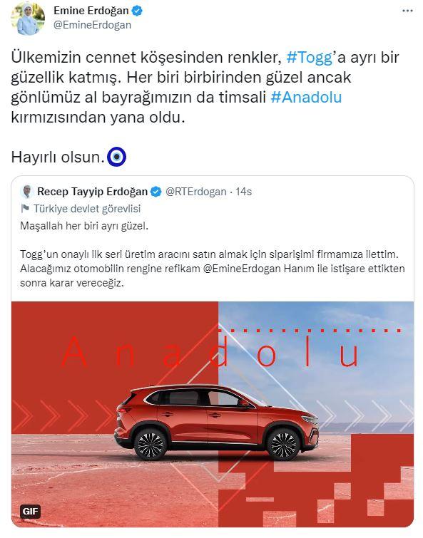 Emine Erdoğanın TOGGa dair paylaşımı