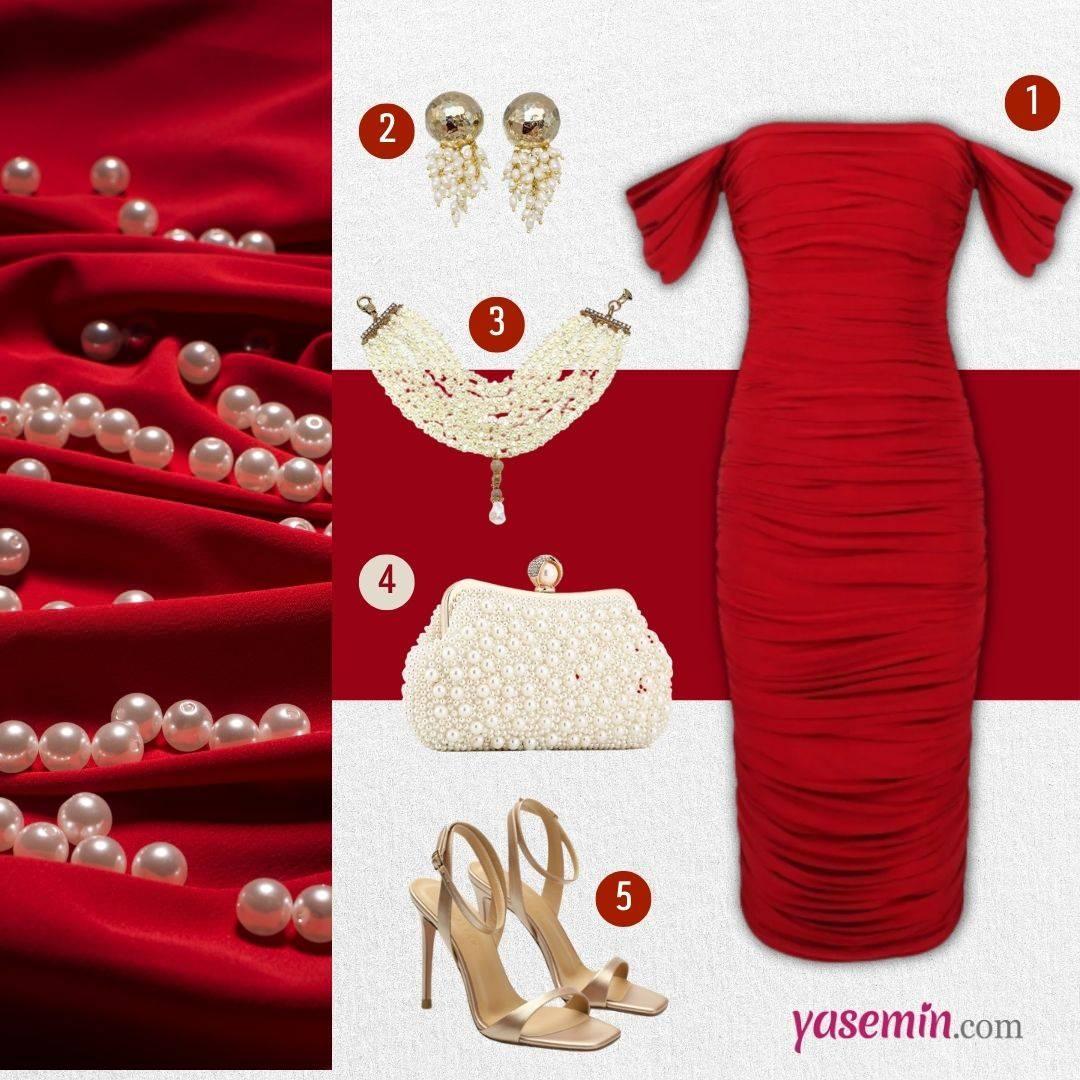 Kırmızı elbise kombini