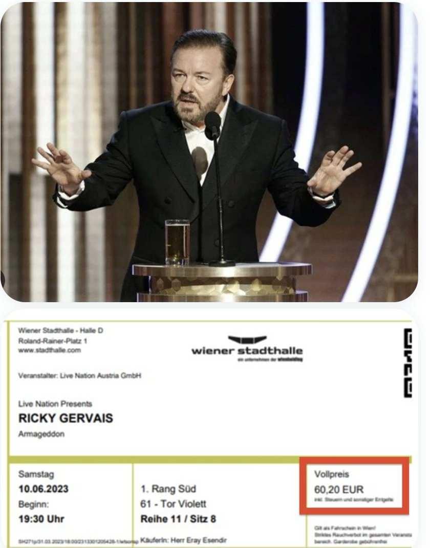 Ricky Gervais biletlerinin fiyatı