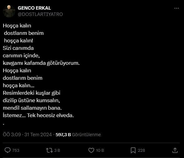 Usta tiyatrocu Genco Erkal’dan acı haber geldi: 