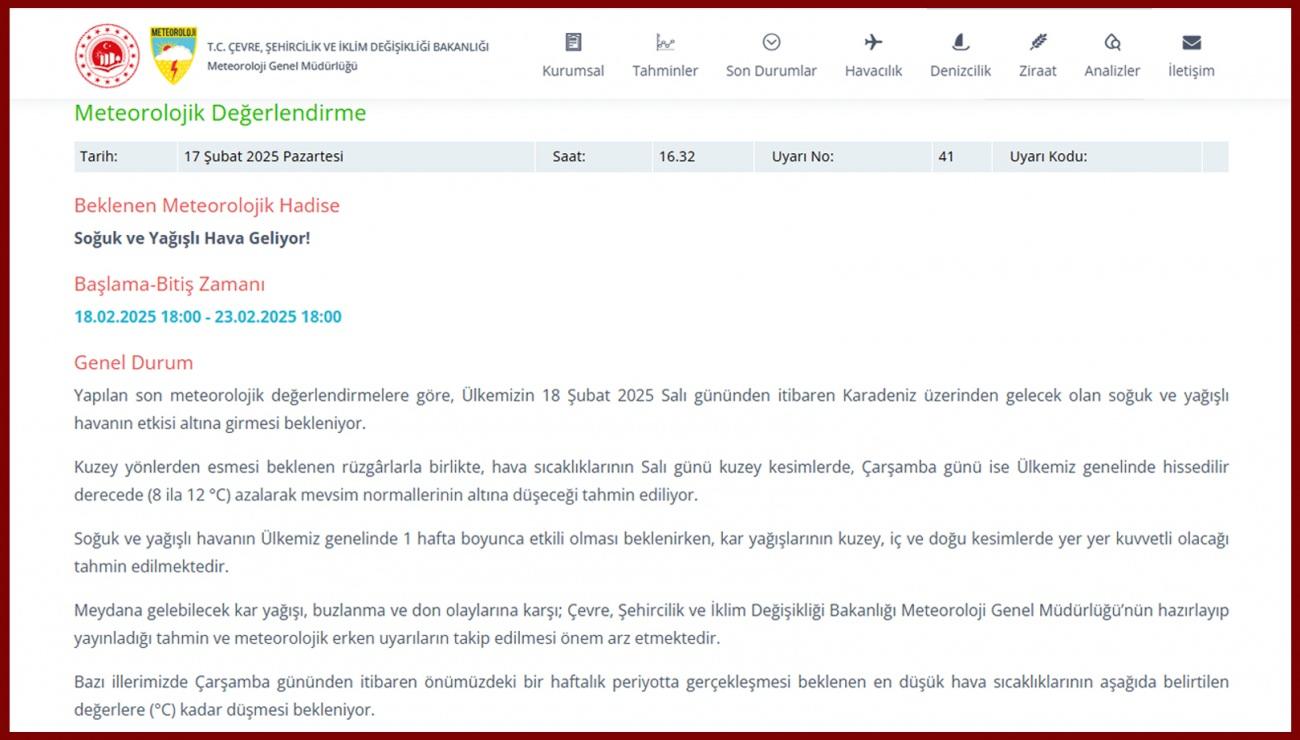 Meteoroloji Genel Müdürlüğü resmi açıklaması