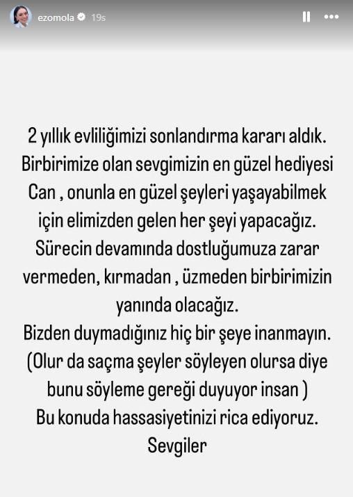 Ezgi Mola boşanma haberini yayınladığı hikaye ile duyurdu