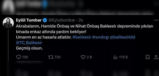 Eylül Tumbarın, deprem sonrası sosyal medya hesabından yaptığı çağrı