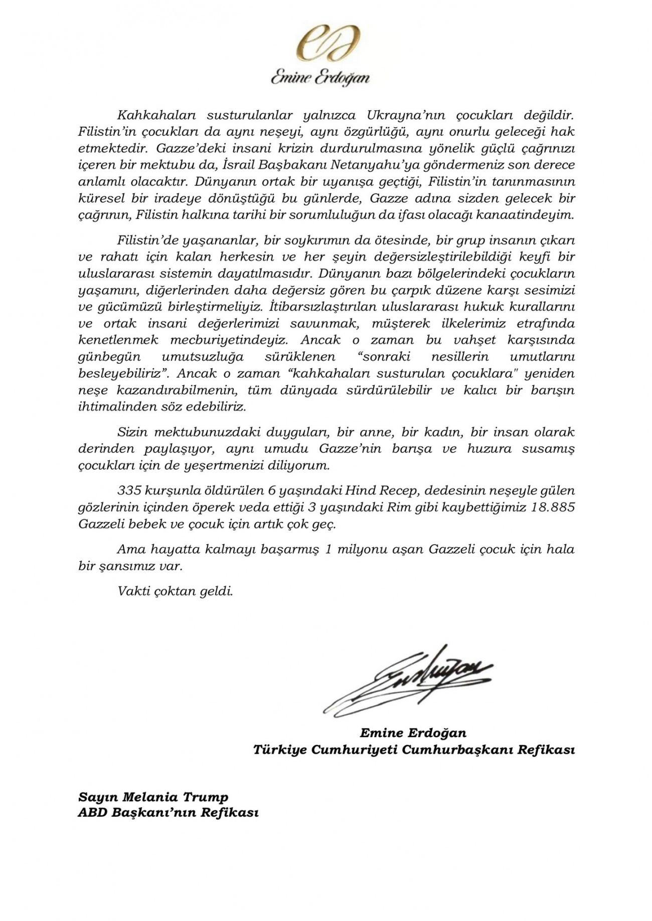 Emine Erdoğanın, ABD eski Başkanı Donald Trumpın eşi Melania Trumpa gönderdiği mektup