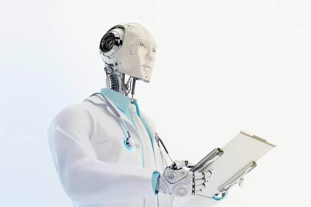 Doktor önlüğü giymiş bir robot