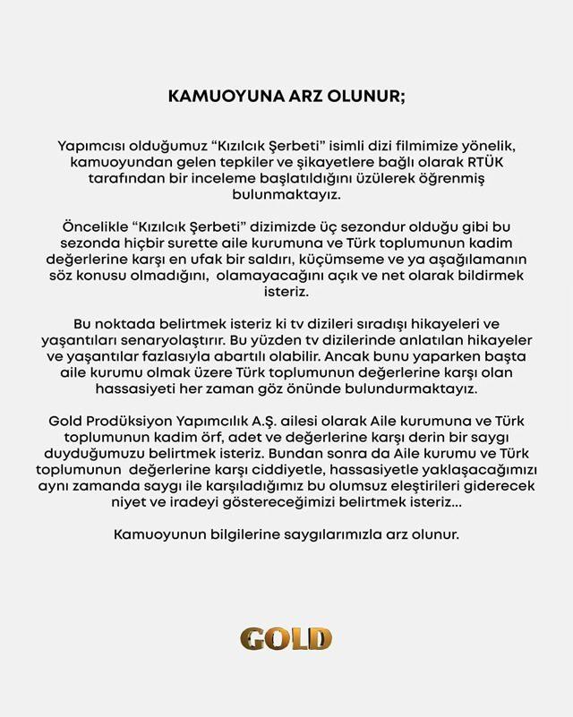 Gold Yapımın yayınladığı açıklama