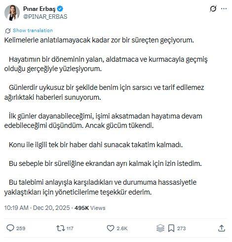 Pınar Erbaşın sosyal medya paylaşımı