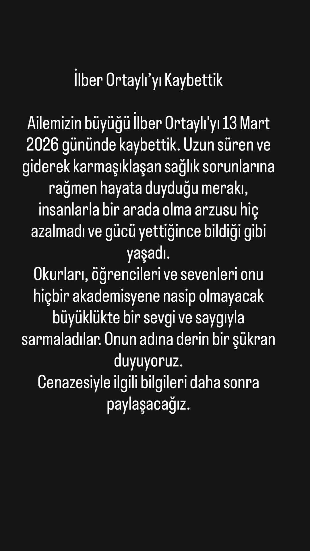 İlber Ortaylının kızının yaptığı paylaşım