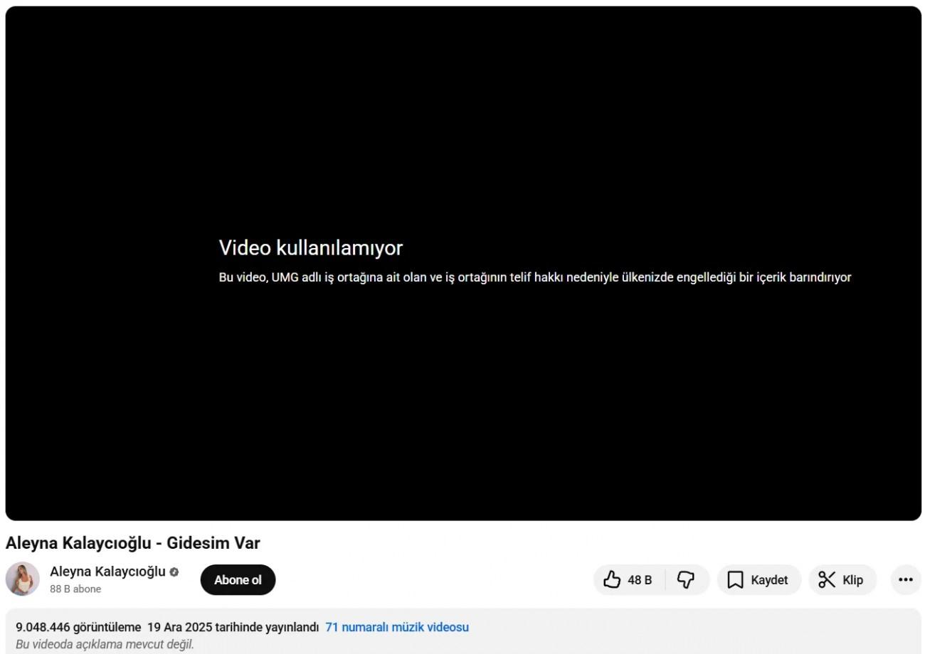 Kaldırılan şarkının YouTube ekran görüntüsü