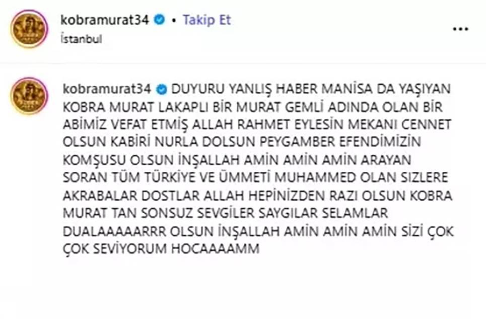 Kobra Murat ölüm haberi iddialarını yalanladı