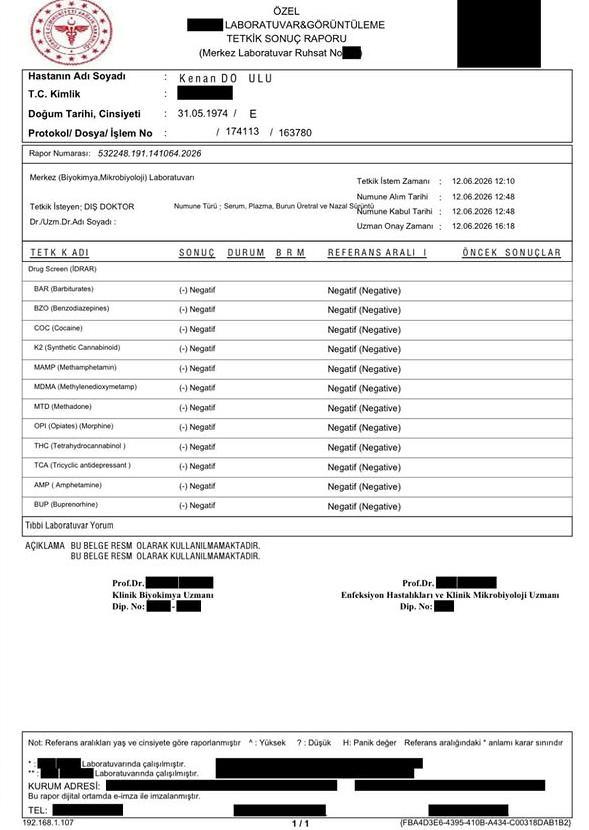 Kenan Doğulunun özel bir klinikte yaptırdığı test sonucu