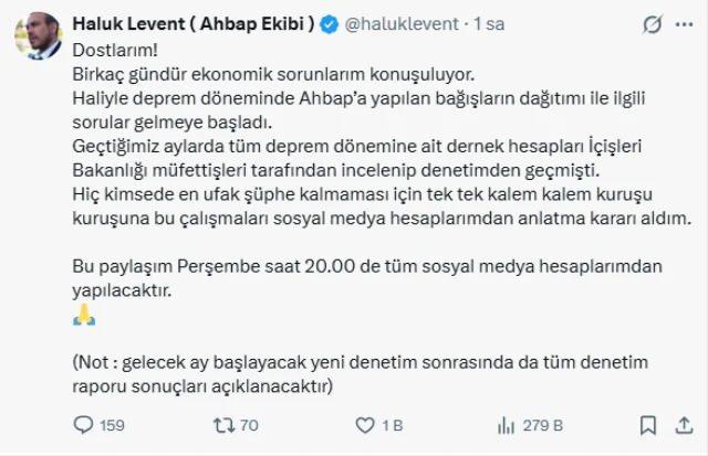 Haluk Leventin sosyal medya hesabından yaptığı açıklama
