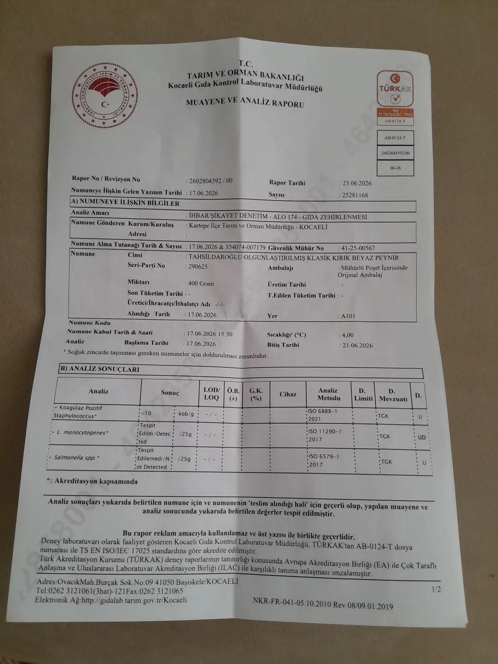 Peynirin analiz raporu