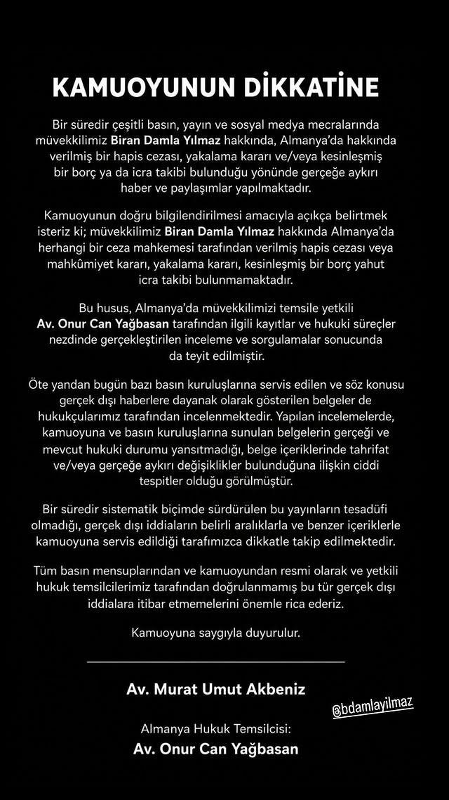 Biran Damla Yılmazın menajerlik şirketinin yaptığı açıklama