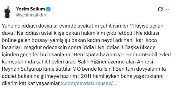 Yeşim Salkımın X hesabında yaptığı paylaşım
