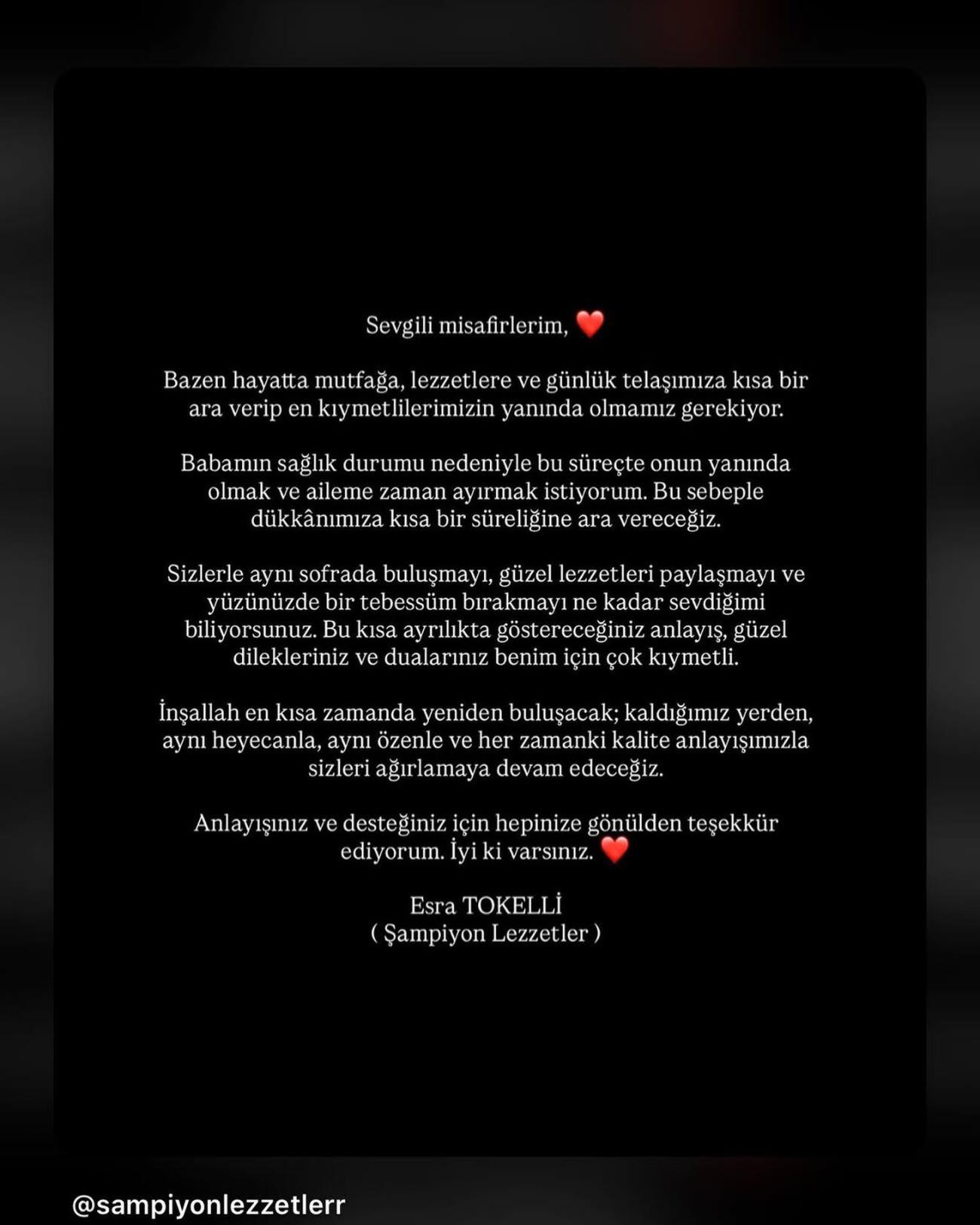 Esra Tokellinin Instagram paylaşımı