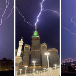 Mekke'de Mescid-i Haram'a yağmur yağdı, şimşekler g&ouml;ky&uuml;z&uuml;n&uuml; aydınlattı