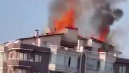 Ankara'da 12 katlı binanın &ccedil;atısında yangın