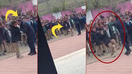 Okulda inanılmaz olay! M&uuml;d&uuml;r &ouml;ğrenciyi savurup yere attı