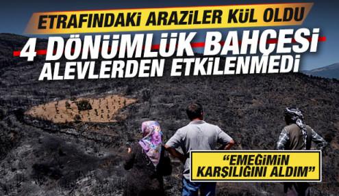 Yangında etrafındaki araziler kül oldu, 4 dönümlük bahçesi alevlerden etkilenmedi!