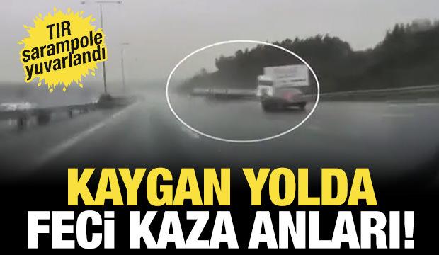 Kaygan yolda feci kaza: TIR şarampole devrildi