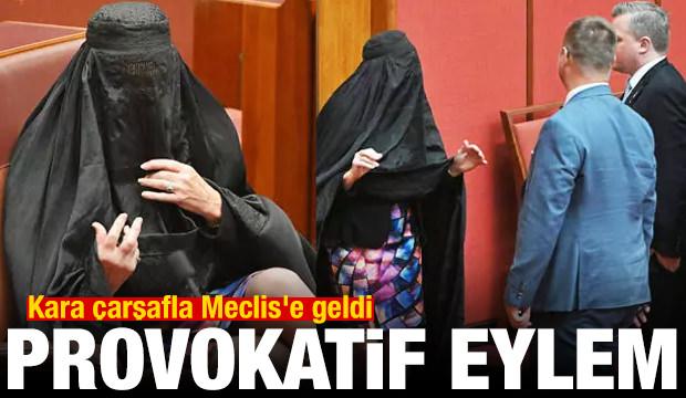 Provokatif eylem! Kara çarşafla Meclis'e geldi
