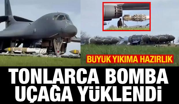 Amerikan B-1 bombardıman u&ccedil;aklarına devasa m&uuml;himmatlar y&uuml;klenirken g&ouml;r&uuml;nt&uuml;lendi