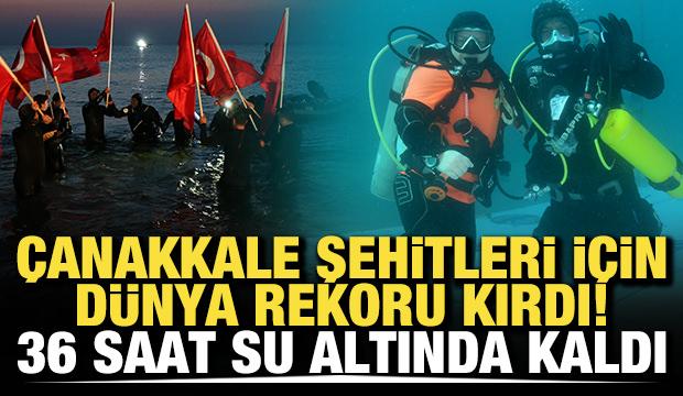 &Ccedil;anakkale şehitleri i&ccedil;in d&uuml;nya rekoru kırdı! 36 saat su altında kaldı