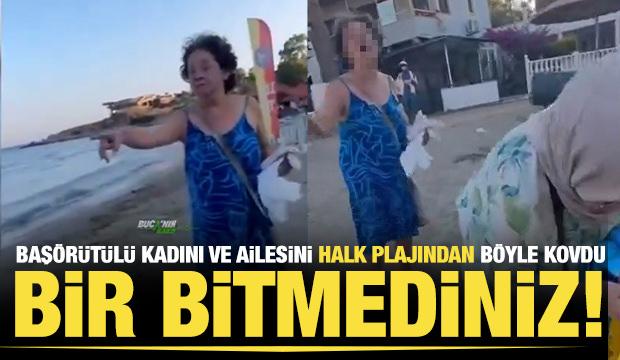 İzmir'de plajda bir kadın baş&ouml;rt&uuml;l&uuml; anne ve kızına s&ouml;zl&uuml; saldırdı