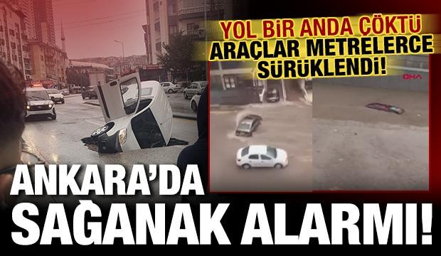 Ankara'da korkutan görüntü: Yol çöktü, araç çukura saplandı! 
