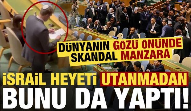 BM'de d&uuml;nyanın g&ouml;z&uuml; &ouml;n&uuml;nde skandal manzara! İsrail heyetinden akla zarar yoklama...