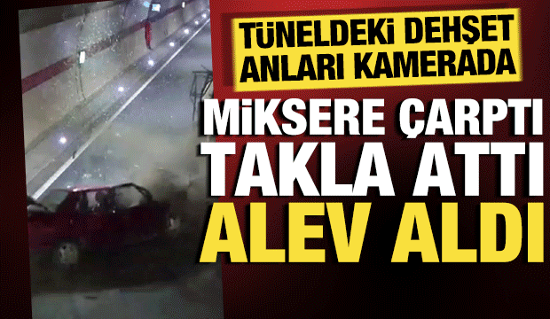Beton mikserine çarpan araç takla atıp alev aldı: Feci kaza anı kamerada!