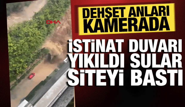Sarıyer&rsquo;de sel sularının istinat duvarlarını yıkıp siteye dolduğu anlar kamerada