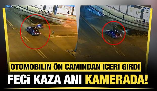 D&uuml;zce'de feci kaza kamerada: Otomobilin &ouml;n camından i&ccedil;eri girdi