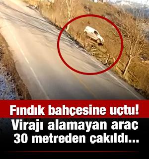 Hafif ticari aracın fındık bah&ccedil;esine u&ccedil;tuğu kaza kamerada