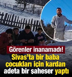 Sivas&rsquo;ta bir baba &ccedil;ocukları i&ccedil;in kardan Kız kulesi yaptı
