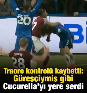 Adama Traore kontrol&uuml; kaybetti: G&uuml;reş&ccedil;iymiş gibi Cucurella'yı yere serdi