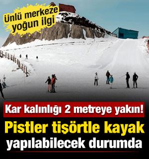 Tiş&ouml;rtle kayak imkanı! Bahar mevsiminde Paland&ouml;ken pistleri doldu taştı