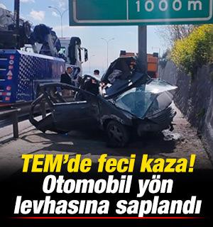 TEM Otoyolu'nda otomobil y&ouml;n levhasına saplandı