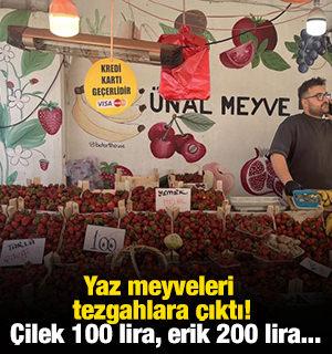 Yaz meyveleri tezgahlara &ccedil;ıktı! &Ccedil;ilek 100 lira, erik 200 lira...