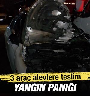 &Uuml;sk&uuml;dar'da gece yarısı ara&ccedil; yangını paniği: 3 ara&ccedil; alevlere teslim