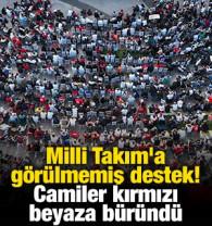 Milli Takım'a g&ouml;r&uuml;lmemiş destek! Camiler kırmızı-beyaza b&uuml;r&uuml;nd&uuml;