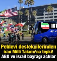 Pehlevi destek&ccedil;ilerinden İran Milli Takımı'na protesto! ABD ve İsrail bayrağı a&ccedil;tılar