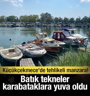 K&uuml;&ccedil;&uuml;k&ccedil;ekmece'de tehlikeli manzara! Batık tekneler karabataklara yuva oldu