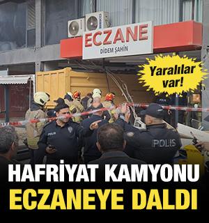 Hafriyat kamyonu eczaneye girdi: Yaralılar var